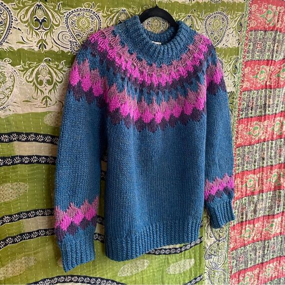 Vintage Danspin Sweater Market Wool Blue Fair Isle Pullover Sweater Size Medium - Picture 6 of 13